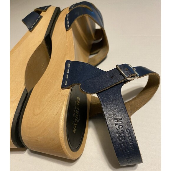 Swedish Hasbeens Peep Toe Clogs Sandals Women's Sz 39 Leather 8.5/9 Navy Blue - Picture 5 of 16